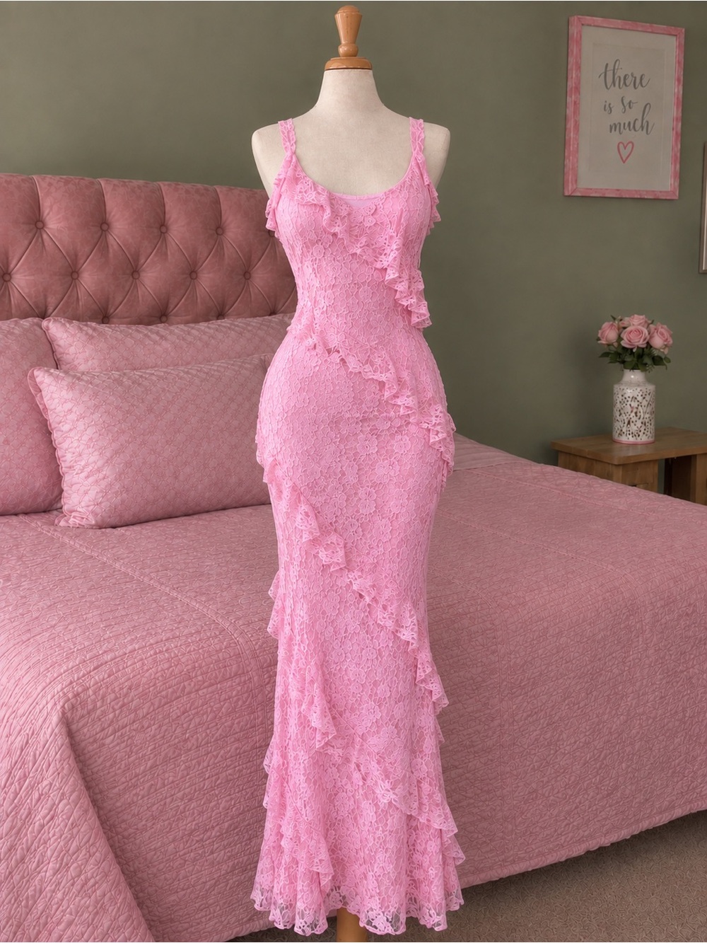 & Other Stories Pink Lace Ruffle Maxi Dress